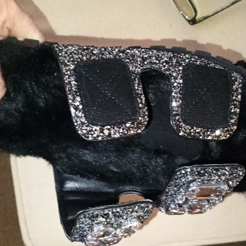 Michael Kors Black Furry Slipper Slides with Rhinestone Straps 9.5 - Picture 5 of 6